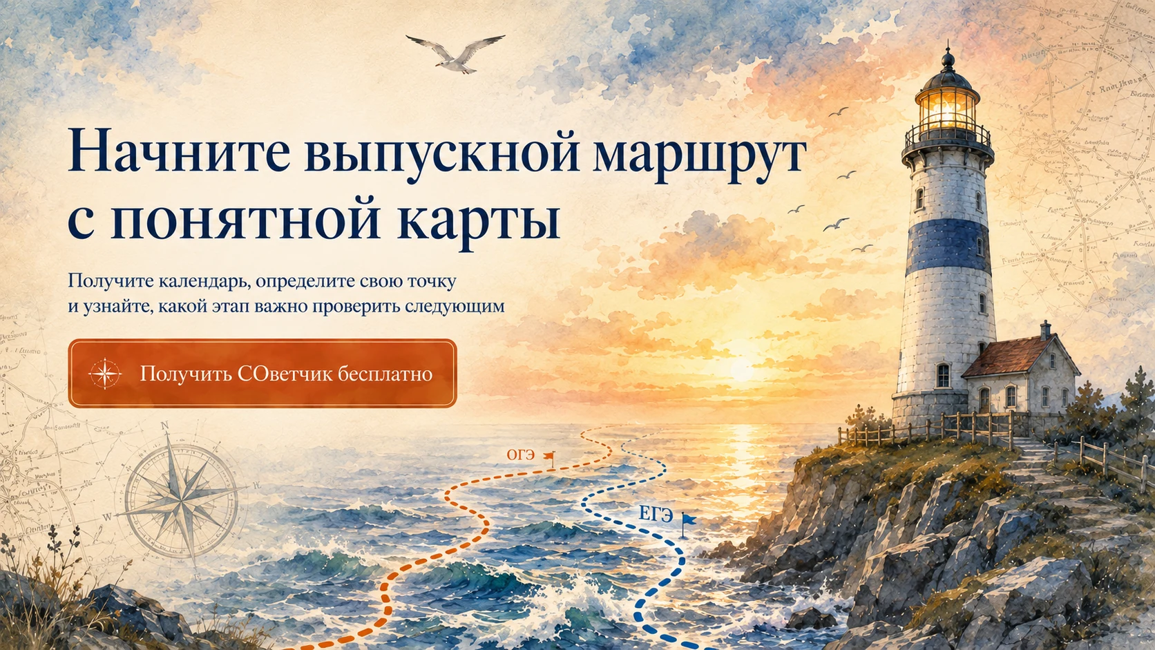 Финальный экран с вечерним морем, маяком и призывом получить СОветчик бесплатно.
